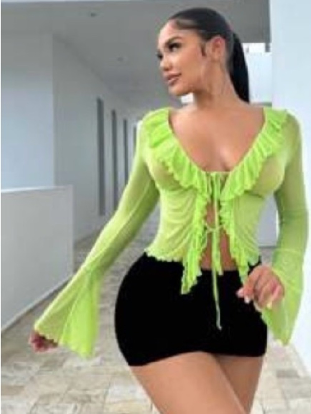 Sheer Lime Ruffle Tie-Front Top - Women